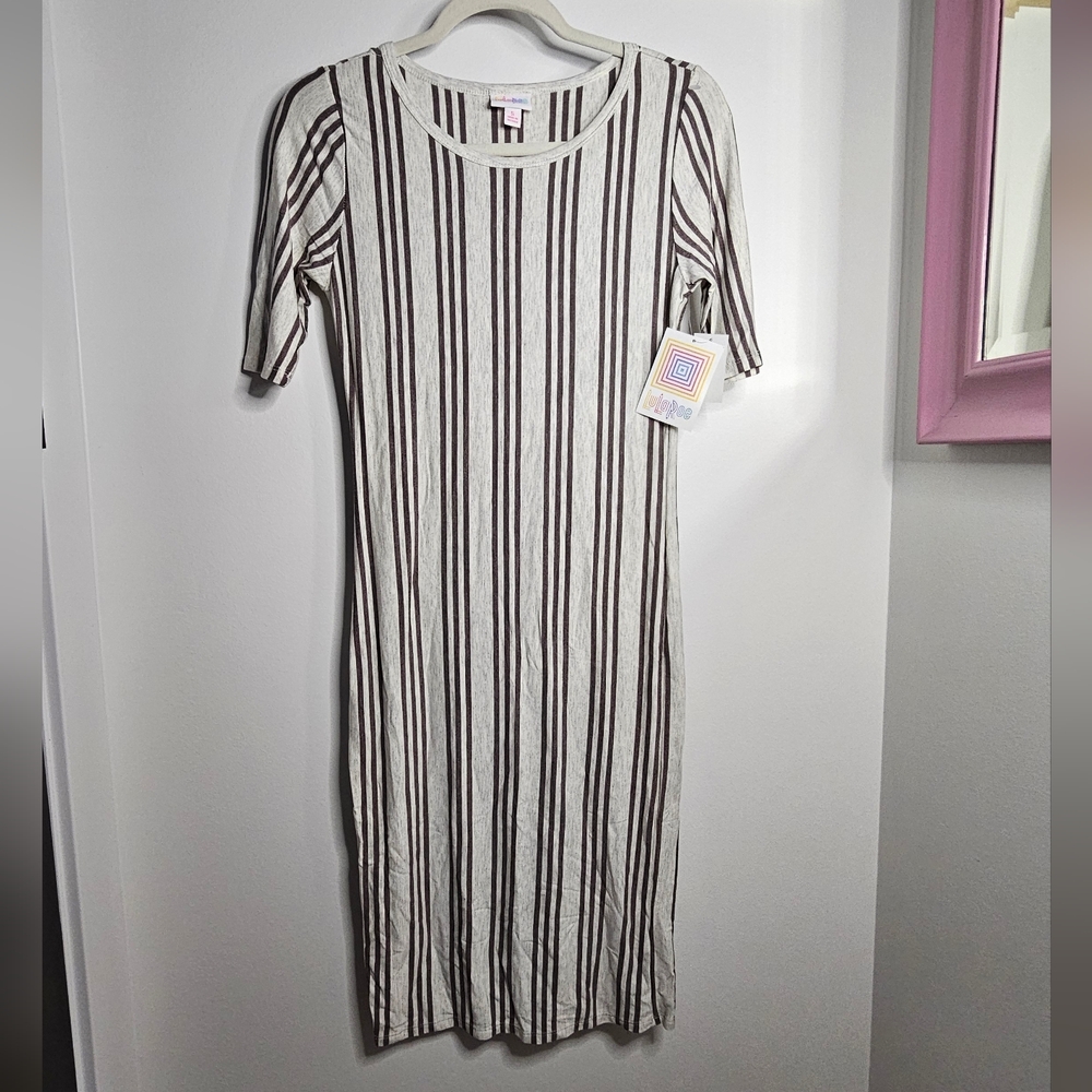 LulaRoe Julia (S) Dress ,Gray/ Brown Vertical Stripes